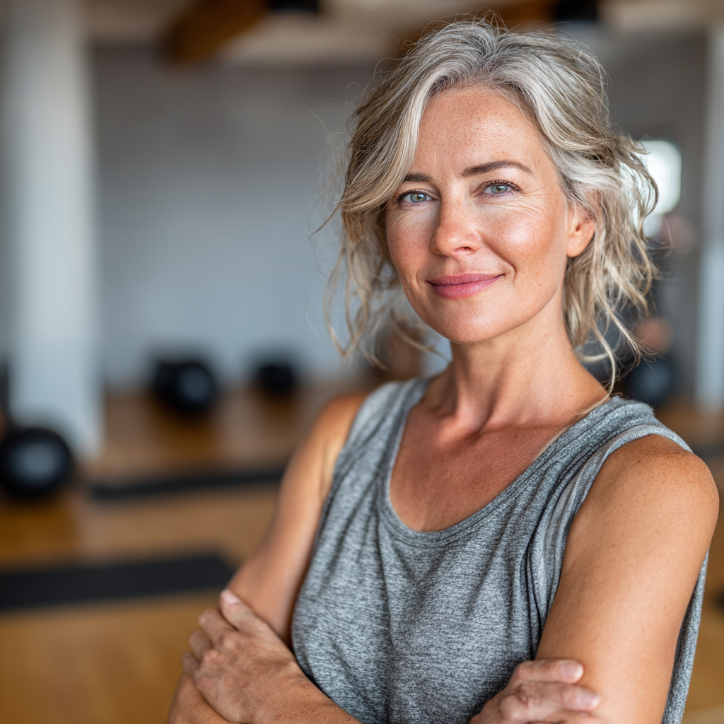 Confident woman in her early 50s with a warm smile, wearing comfortable athletic wear, standing in a bright fitness studio with yoga mats and light wooden floors, representing health and vitality in mature adults