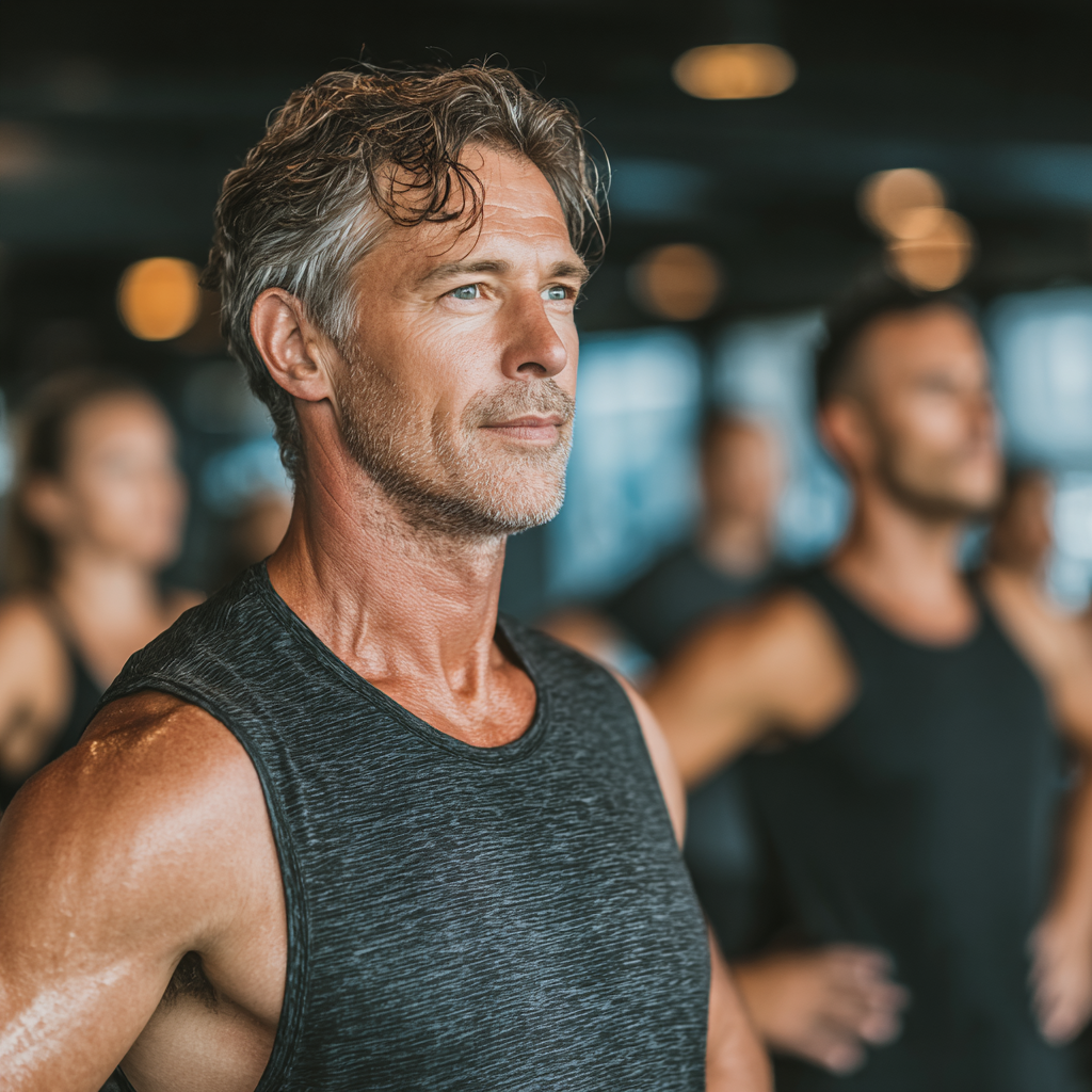 Professional fitness trainer in mid-40s demonstrating proper exercise form to a diverse group of adults aged 40-55 in a modern, well-lit gym environment with natural lighting and contemporary equipment